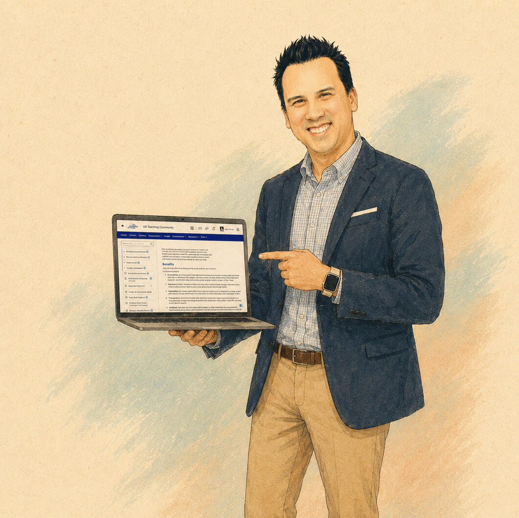 David Grimes stands with an open laptop, pointing at the LMS on the screen.